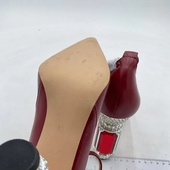 FSJ Red Comfortable Crystal Heels Pointed Toe Rhinestone Ankle Strap Dress Pump
