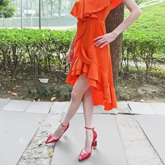 FSJ Red Comfortable Crystal Heels Pointed Toe Rhinestone Ankle Strap Dress Pump