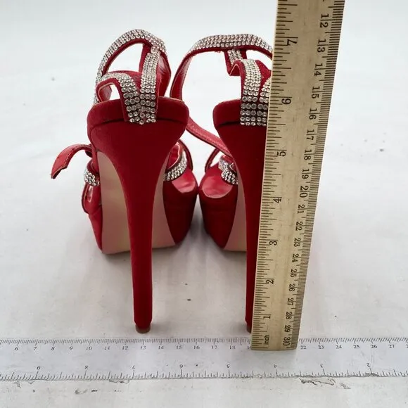 FSJ Red Platform Square Open Toe Sandals Rhinestone High Heel Jewel Strappy Shoe