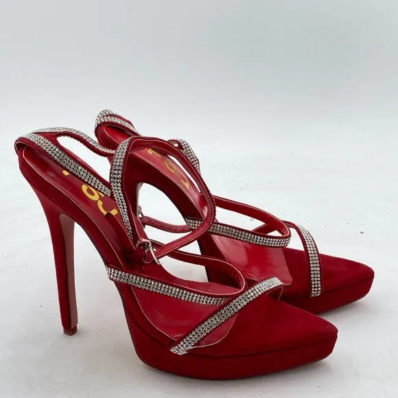 FSJ Red Platform Square Open Toe Sandals Rhinestone High Heel Jewel Strappy Shoe