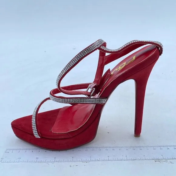 FSJ Red Platform Square Open Toe Sandals Rhinestone High Heel Jewel Strappy Shoe