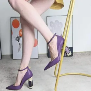 FSJ Women's Block High Heels Pointed Toe Pumps Ankle Strap Purple Leather Shoes
