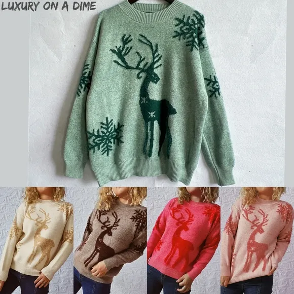 Fuzzy Fringe Reindeer Snowflake Knit Round Neck Winter Soft Print Sweater Top