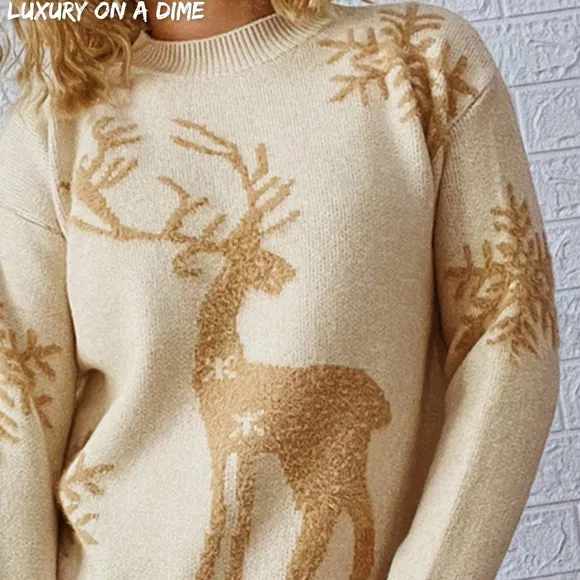 Fuzzy Fringe Reindeer Snowflake Knit Round Neck Winter Soft Print Sweater Top