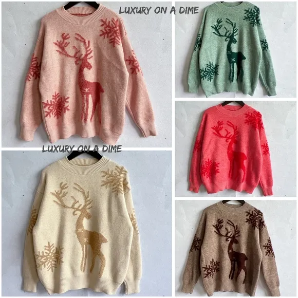 Fuzzy Fringe Reindeer Snowflake Knit Round Neck Winter Soft Print Sweater Top