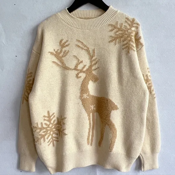 Fuzzy Fringe Reindeer Snowflake Knit Round Neck Winter Soft Print Sweater Top