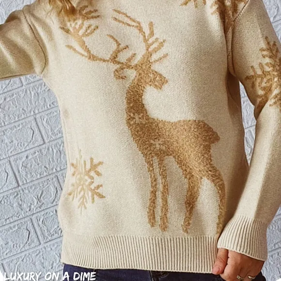 Fuzzy Fringe Reindeer Snowflake Knit Round Neck Winter Soft Print Sweater Top