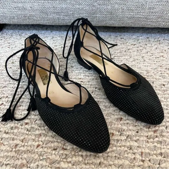 Gabor Black Studded Lace Up Flats Black Nubuck