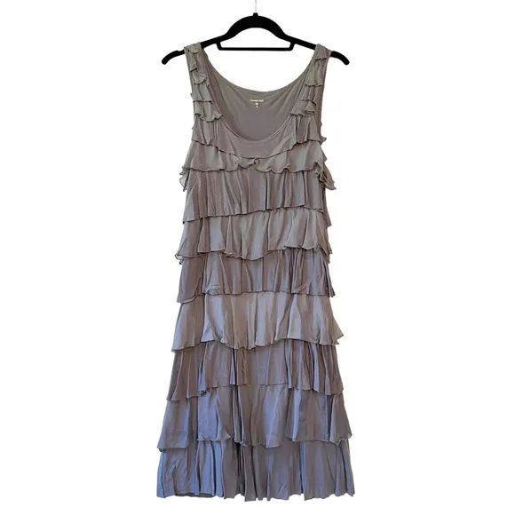 Garnet Hill Cascading Ruffles Silk Lyocell Tiered Sleeveless Dress Grey XS