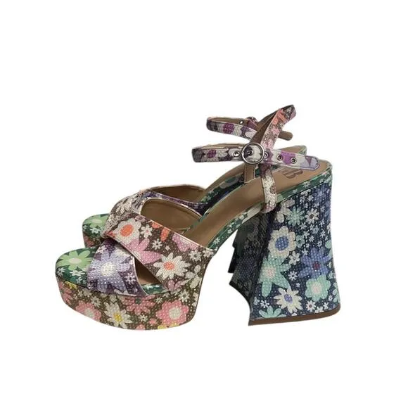 Gianni Bini Platform Sandals Womens 10 Multicolor Floral Ankle Strap Retro Boho