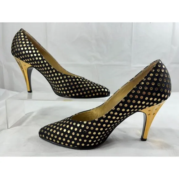 Gianni Versace Black and Gold Polka Dot Pumps Size 5.5
