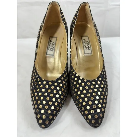 Gianni Versace Black and Gold Polka Dot Pumps Size 5.5