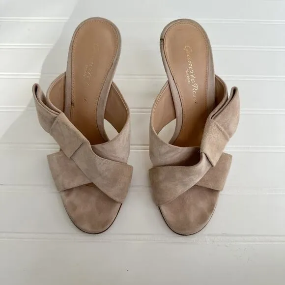 Gianvito Rossi Beige Tan Crisscross Suede Bow Open Toe Heels Sandals 105mm Mule