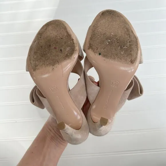 Gianvito Rossi Beige Tan Crisscross Suede Bow Open Toe Heels Sandals 105mm Mule