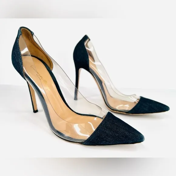 GIANVITO ROSSI Plexi 105mm Navy Blue Denim Pointed Toe Pumps Size EU 38