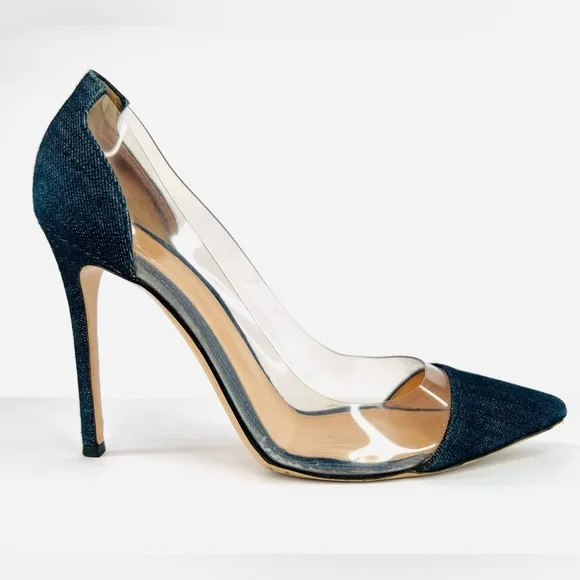 GIANVITO ROSSI Plexi 105mm Navy Blue Denim Pointed Toe Pumps Size EU 38