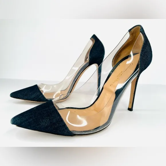 GIANVITO ROSSI Plexi 105mm Navy Blue Denim Pointed Toe Pumps Size EU 38