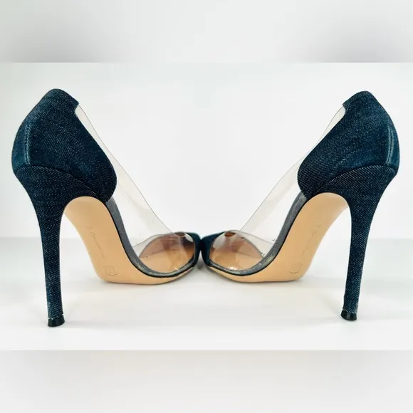 GIANVITO ROSSI Plexi 105mm Navy Blue Denim Pointed Toe Pumps Size EU 38
