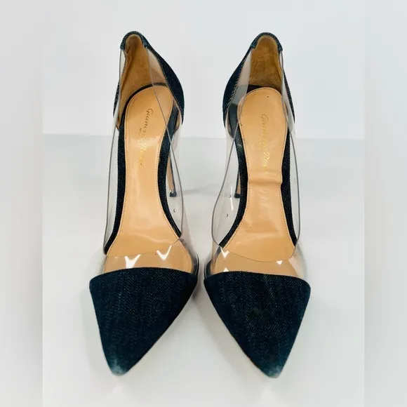 GIANVITO ROSSI Plexi 105mm Navy Blue Denim Pointed Toe Pumps Size EU 38
