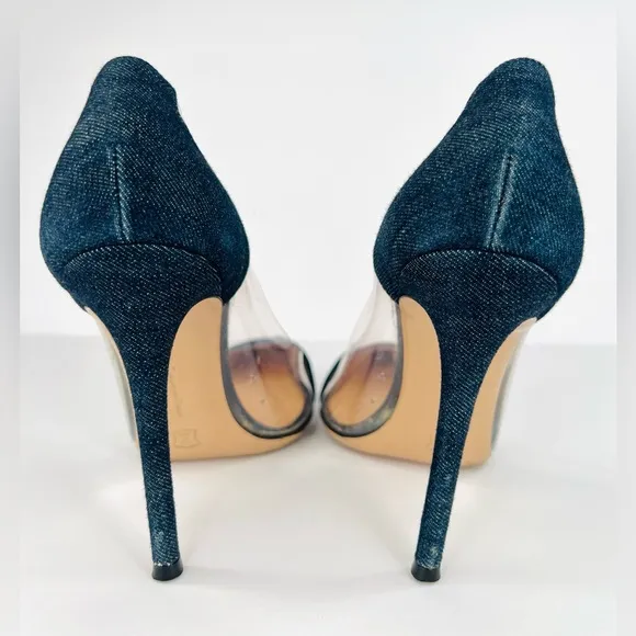 GIANVITO ROSSI Plexi 105mm Navy Blue Denim Pointed Toe Pumps Size EU 38