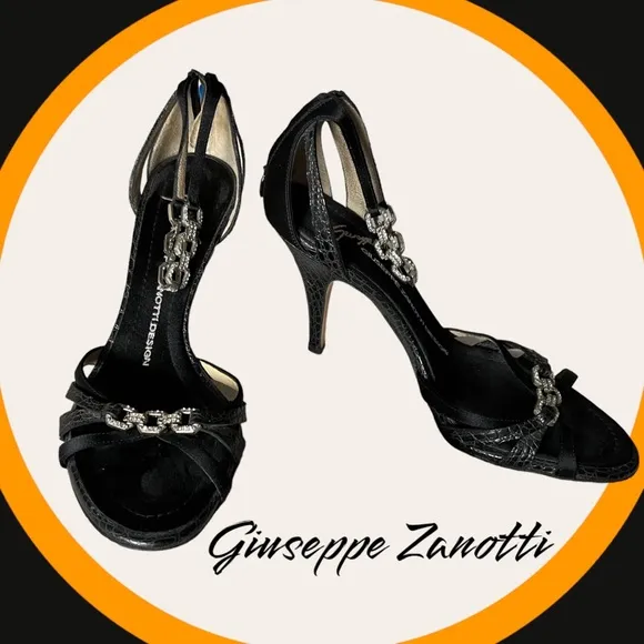 Giuseppe Zanotti black leather satin ankle strap shoes heels 👠 36-6