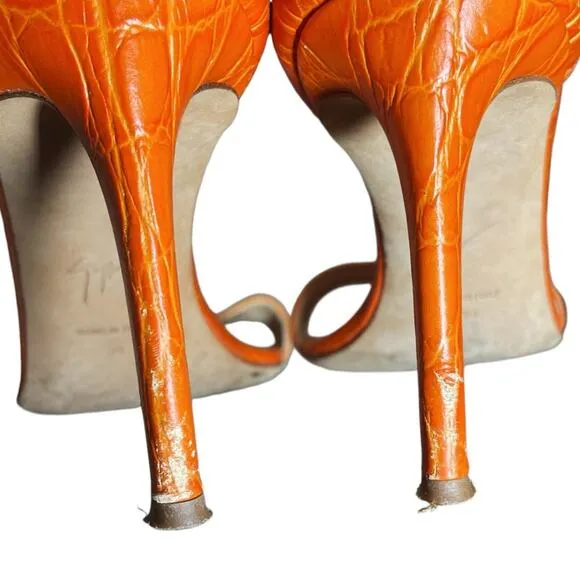 Giuseppe Zanotti Orange Croc Embossed Ankle Strap Neyla Heeled Sandals - 38