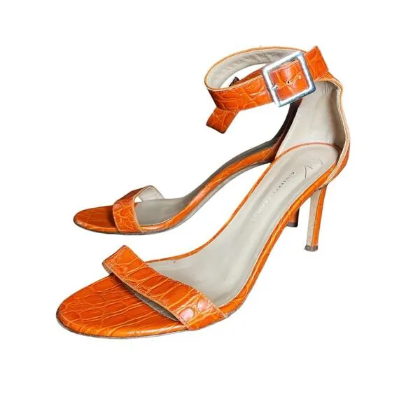 Giuseppe Zanotti Orange Croc Embossed Ankle Strap Neyla Heeled Sandals - 38