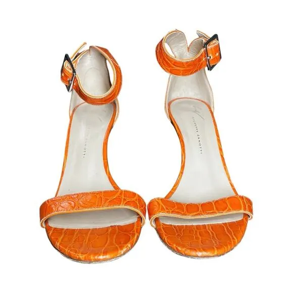 Giuseppe Zanotti Orange Croc Embossed Ankle Strap Neyla Heeled Sandals - 38