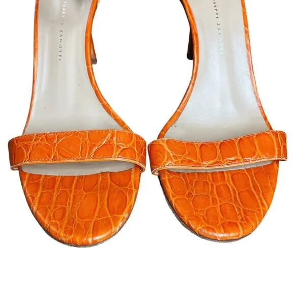 Giuseppe Zanotti Orange Croc Embossed Ankle Strap Neyla Heeled Sandals - 38