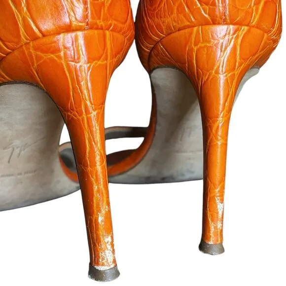Giuseppe Zanotti Orange Croc Embossed Ankle Strap Neyla Heeled Sandals - 38