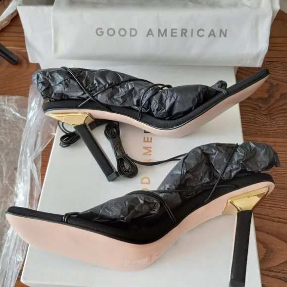 GOOD AMERICAN Elegant 4&quot; Gold and Black Strapped Square Heel and Toe Shoes SZ 9