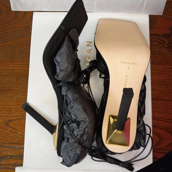 GOOD AMERICAN Elegant 4&quot; Gold and Black Strapped Square Heel and Toe Shoes SZ 9