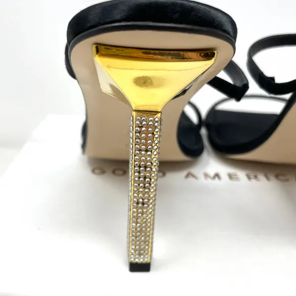 Good American Rhinestone Satin Square Toe Strappy Sandals In Black Size 13 New
