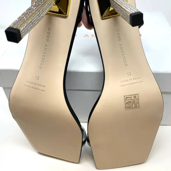 Good American Rhinestone Satin Square Toe Strappy Sandals In Black Size 13 New