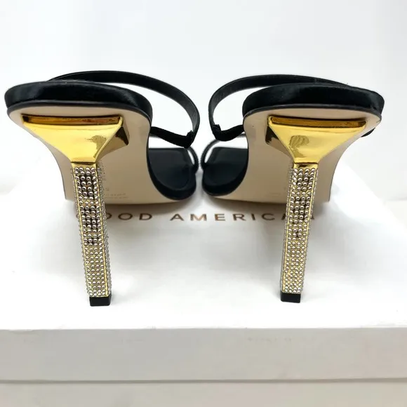 Good American Rhinestone Satin Square Toe Strappy Sandals In Black Size 13 New