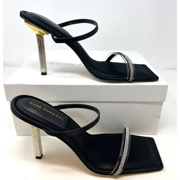 Good American Rhinestone Satin Square Toe Strappy Sandals In Black Size 13 New