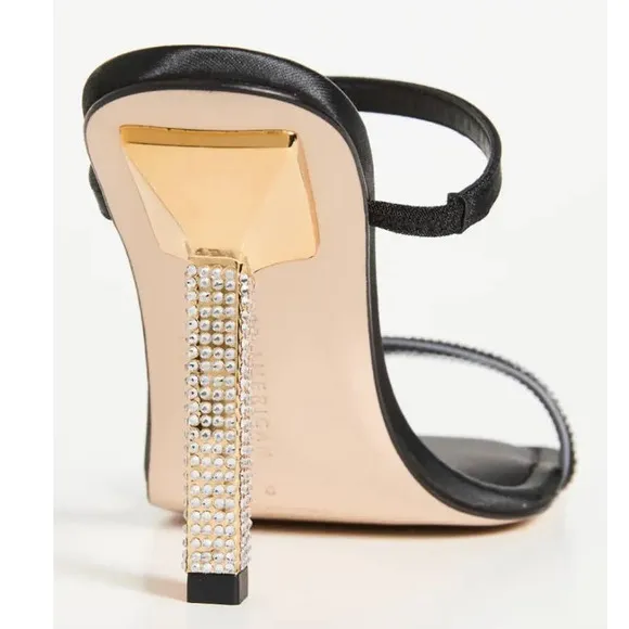 Good American Rhinestone Satin Square Toe Strappy Sandals In Black Size 13 New