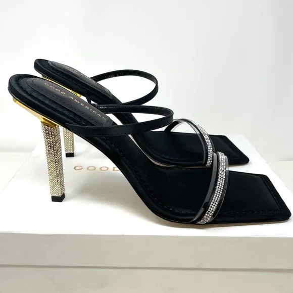 Good American Rhinestone Satin Square Toe Strappy Sandals In Black Size 13 New