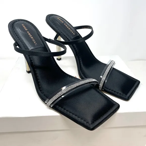 Good American Rhinestone Satin Square Toe Strappy Sandals In Black Size 13 New