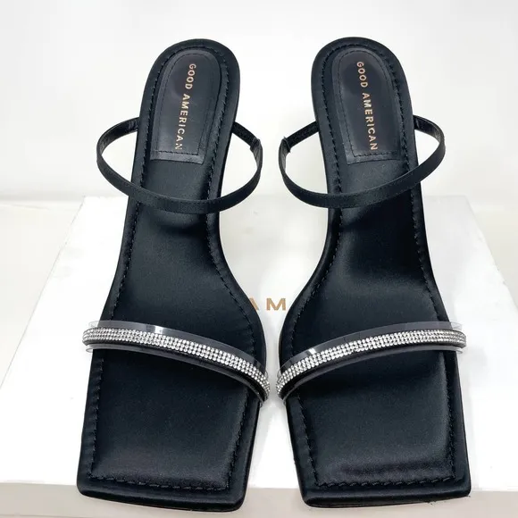 Good American Rhinestone Satin Square Toe Strappy Sandals In Black Size 13 New