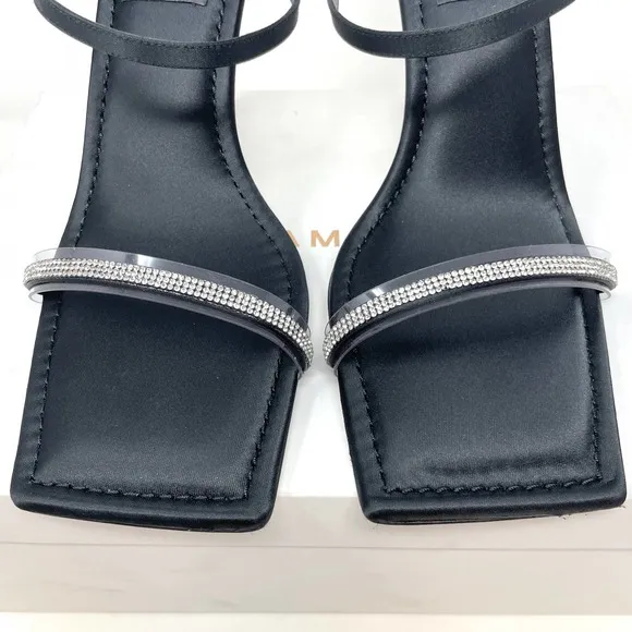 Good American Rhinestone Satin Square Toe Strappy Sandals In Black Size 13 New