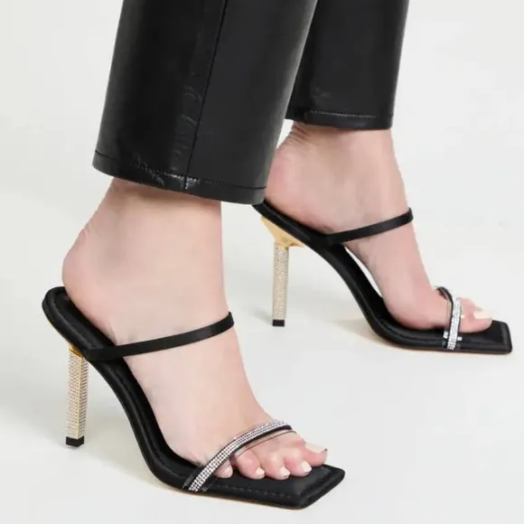 Good American Rhinestone Satin Square Toe Strappy Sandals In Black Size 13 New