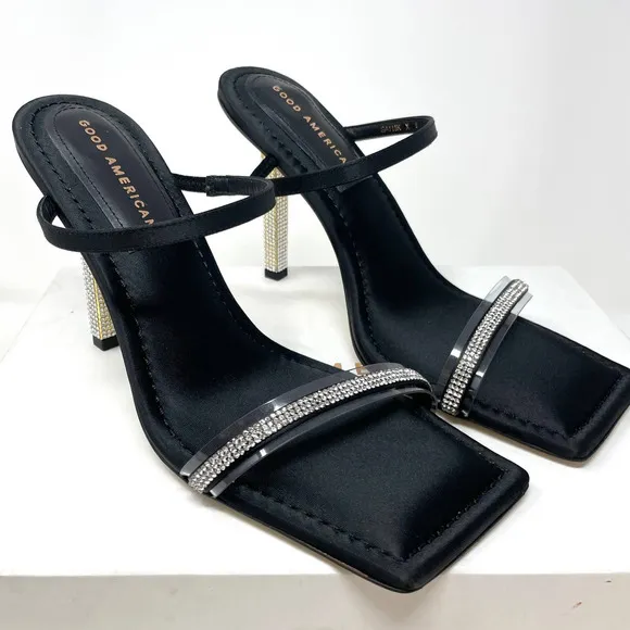Good American Rhinestone Satin Square Toe Strappy Sandals In Black Size 9 New