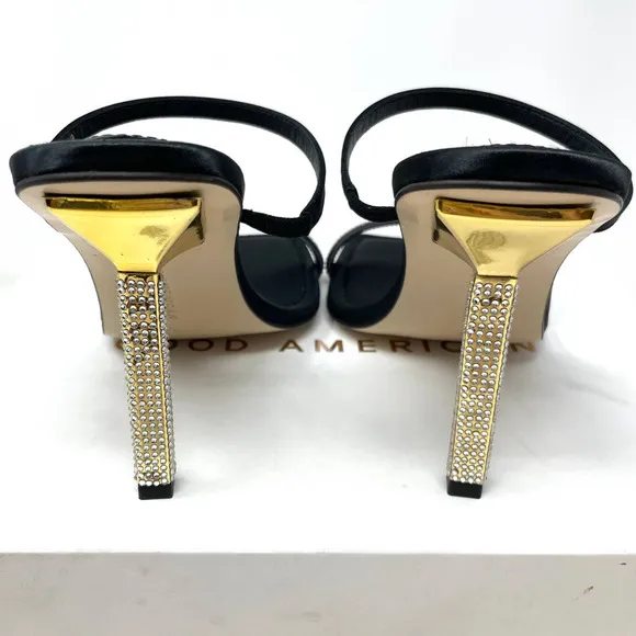 Good American Rhinestone Satin Square Toe Strappy Sandals In Black Size 9 New