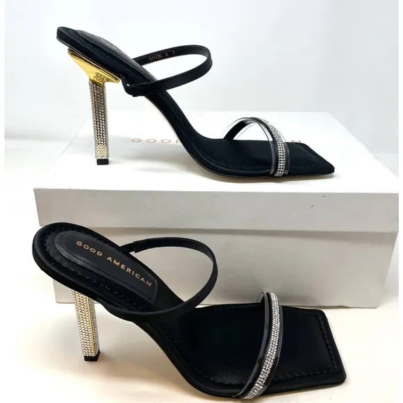 Good American Rhinestone Satin Square Toe Strappy Sandals In Black Size 9 New