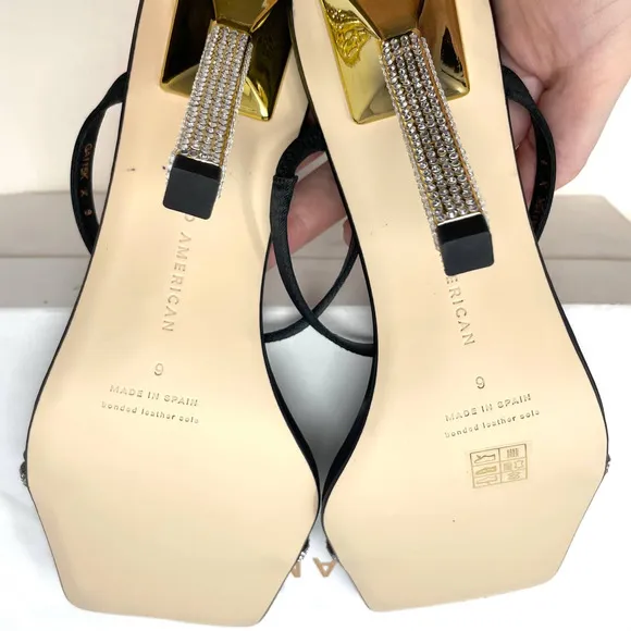 Good American Rhinestone Satin Square Toe Strappy Sandals In Black Size 9 New