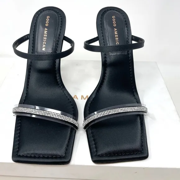 Good American Rhinestone Satin Square Toe Strappy Sandals In Black Size 9 New