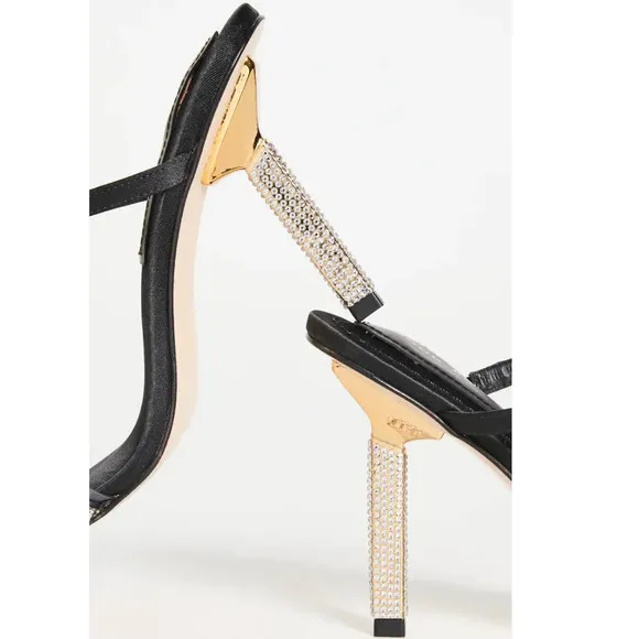 Good American Rhinestone Satin Square Toe Strappy Sandals In Black Size 9 New