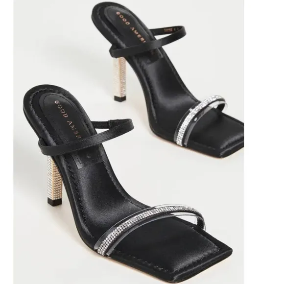 Good American Rhinestone Satin Square Toe Strappy Sandals In Black Size 9 New