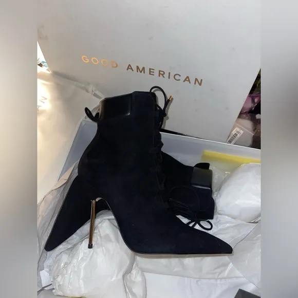 Good American Scandal Lace Up Stilleto Booties Stone BNWB Womens Size 9 Blk/Gold